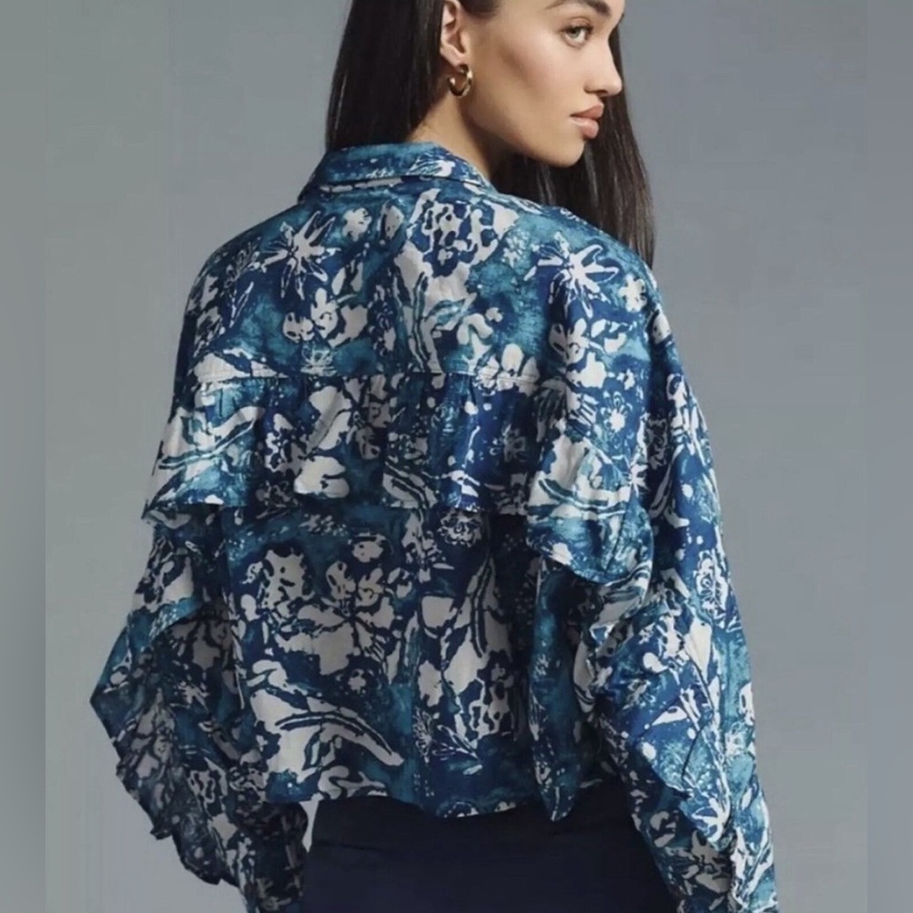 Anthropologie Pilcro Blouse Batwing Flowy Oversized Ruffle Trim Blue Size S